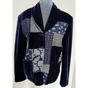 Vtg Blue Velvet Patchwork‎ Blazer Jacket S Boho Cottagecore Whimsigoth Floral